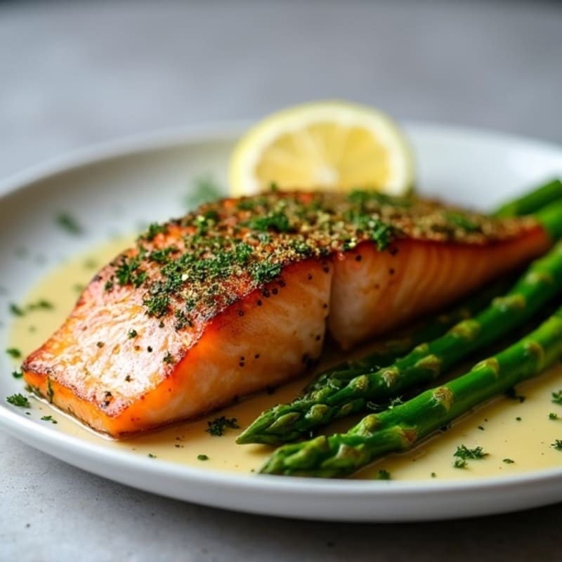 Herb-Crusted Pan Seared Salmon with Garlic Butter Asparagus