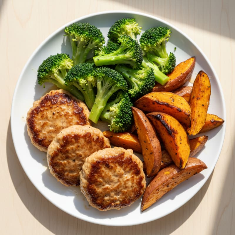 Seared Turkey Patties with Steamed Broccoli and Roasted Sweet Potato
