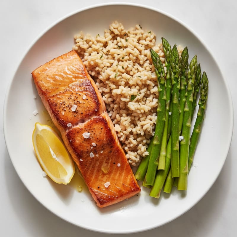 Seared Salmon Fillet with Steamed Asparagus and Brown Rice