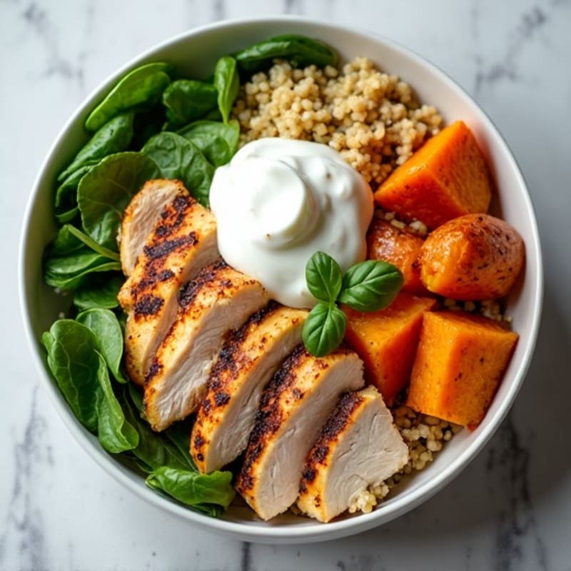 Grilled Chicken Power Bowl with Quinoa, Spinach, and Roasted Sweet Potato