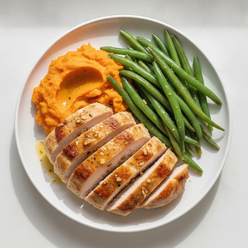 Seared Turkey Breast with Steamed Green Beans and Sweet Potato Mash