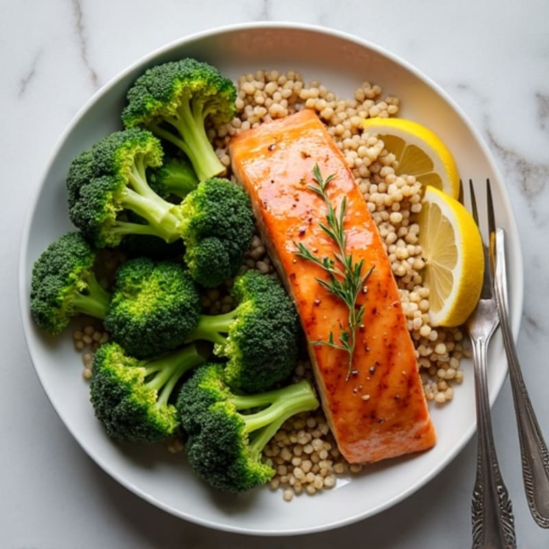 Seared Salmon Fillet with Roasted Broccoli and Quinoa