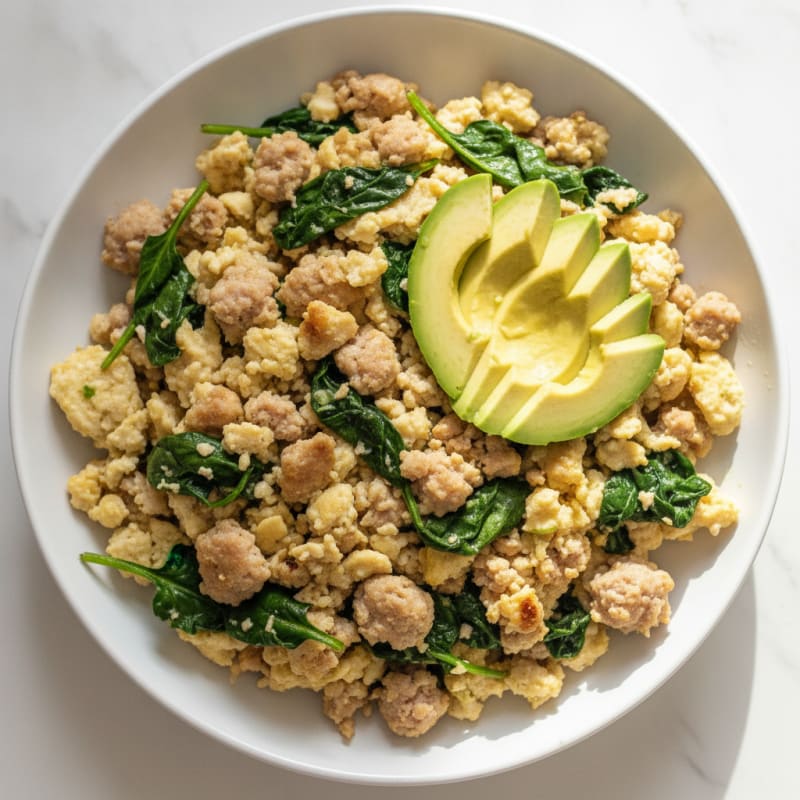 Egg White and Turkey Sausage Scramble with Sautéed Spinach