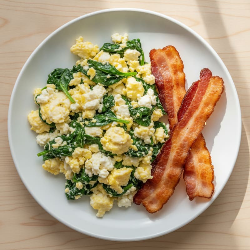 Cottage Cheese Scramble with Turkey Bacon and Spinach