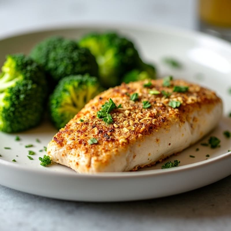 Herb-Roasted Chicken Breast with Steamed Broccoli and Oat Herb Crust