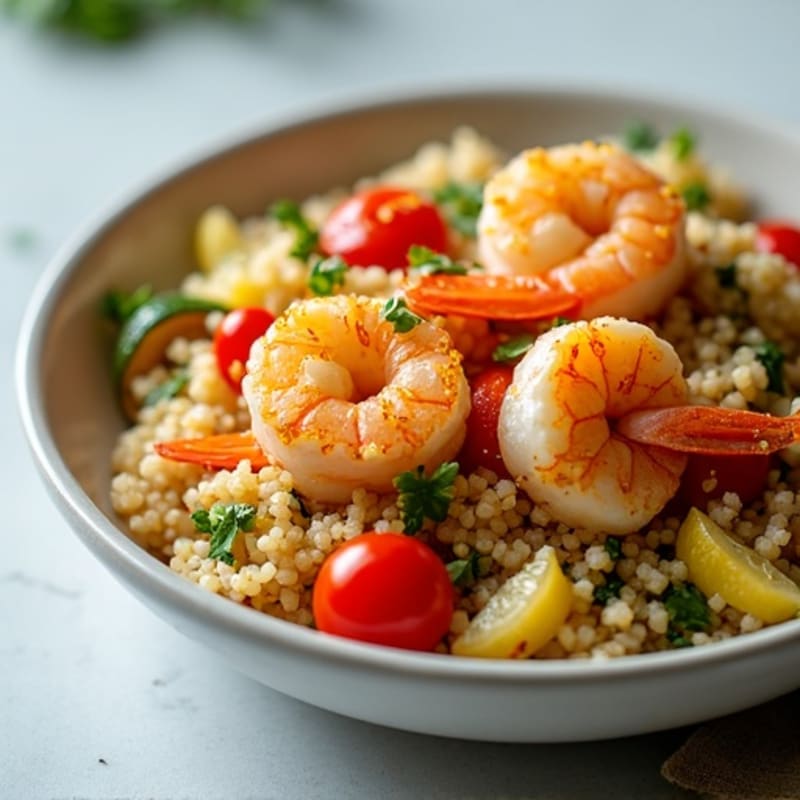 Garlic Shrimp and Roasted Vegetable Quinoa Bowl