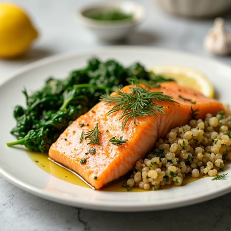Flaky Baked Salmon with Lemon-Dill Quinoa and Garlicky Spinach