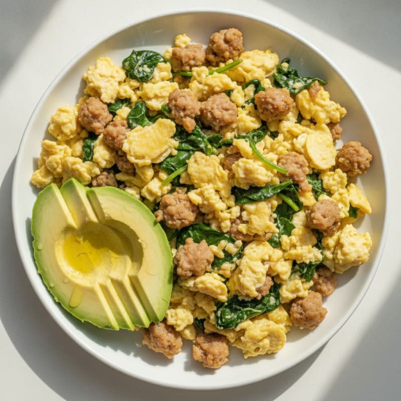 Scrambled Eggs with Turkey Sausage and Sautéed Spinach