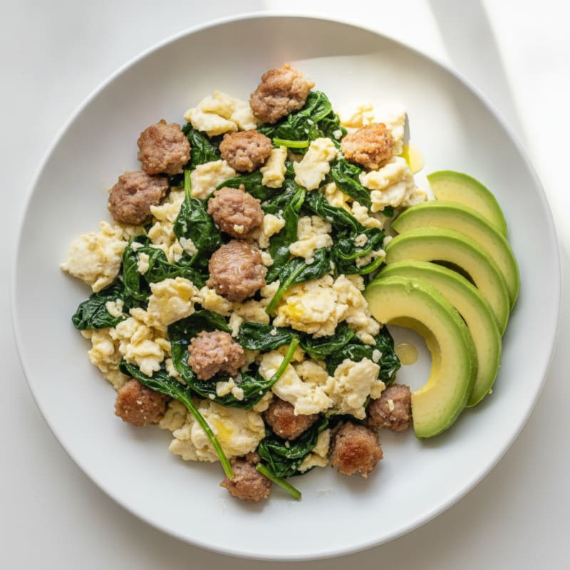 Scrambled Egg Whites with Turkey Sausage and Sautéed Spinach