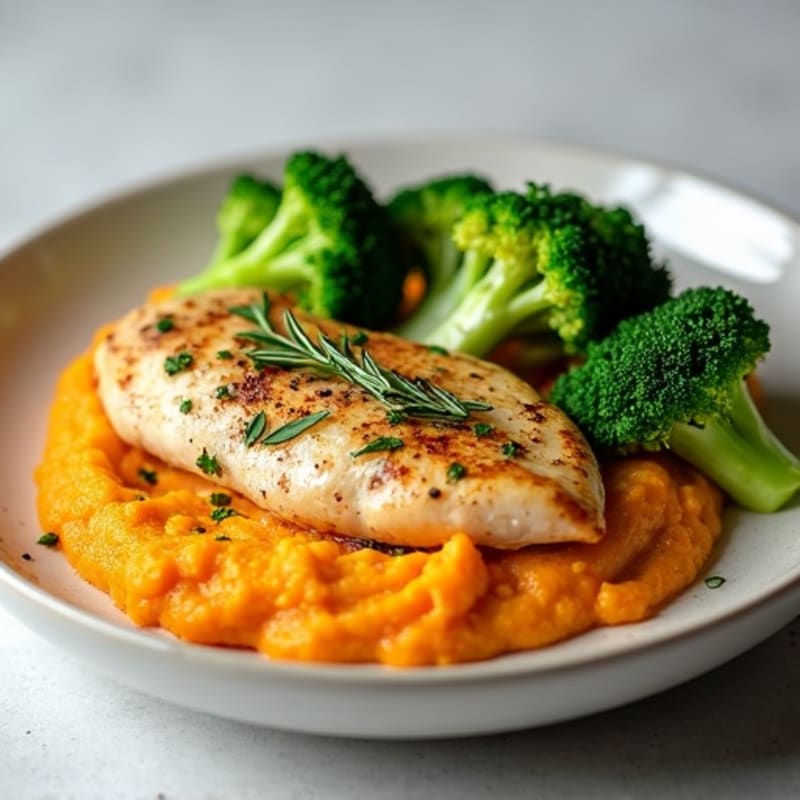 Herb-Roasted Chicken Breast with Steamed Broccoli and Sweet Potato Mash
