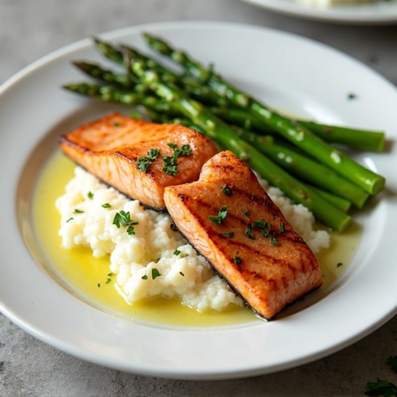 Seared Salmon with Steamed Asparagus and Cauliflower Mash
