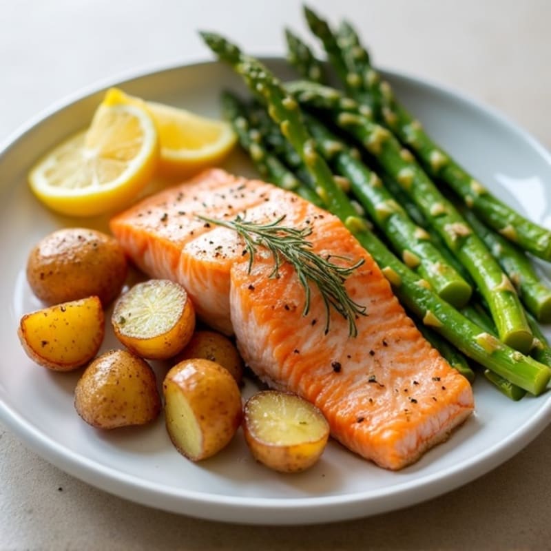 Lemon-Garlic Roasted Salmon with Roasted Potatoes and Asparagus