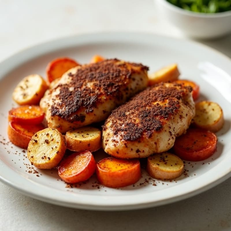Spicy Cacao-Rubbed Chicken with Crispy Roasted Root Vegetables