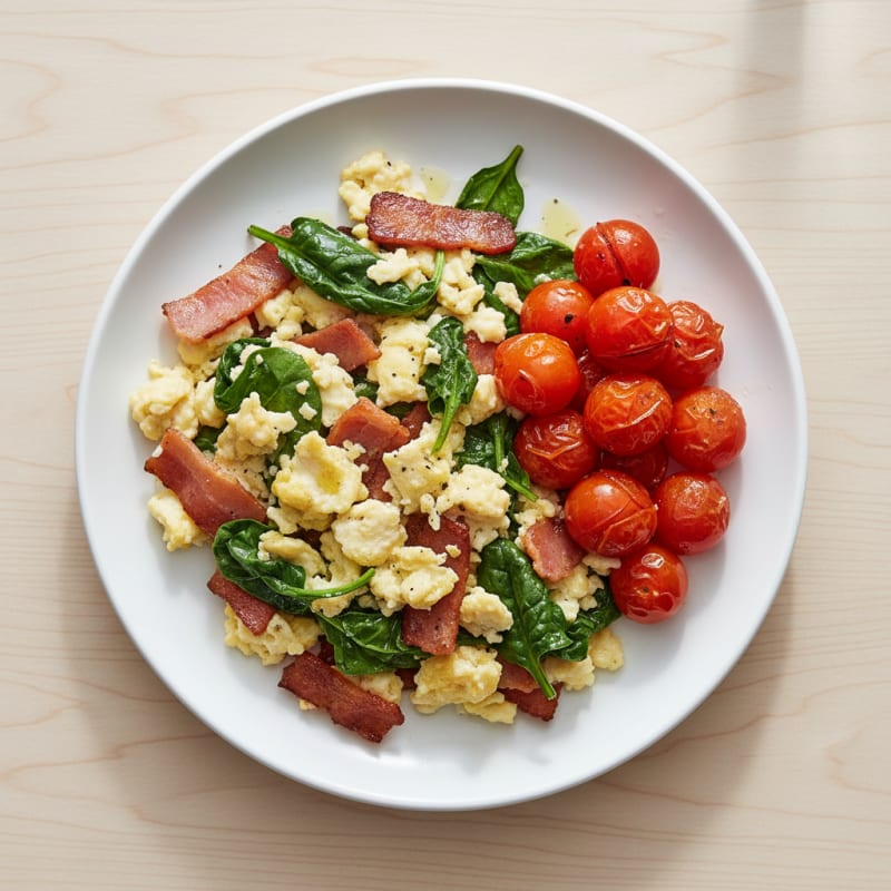 Egg White Scramble with Turkey Bacon and Sautéed Spinach