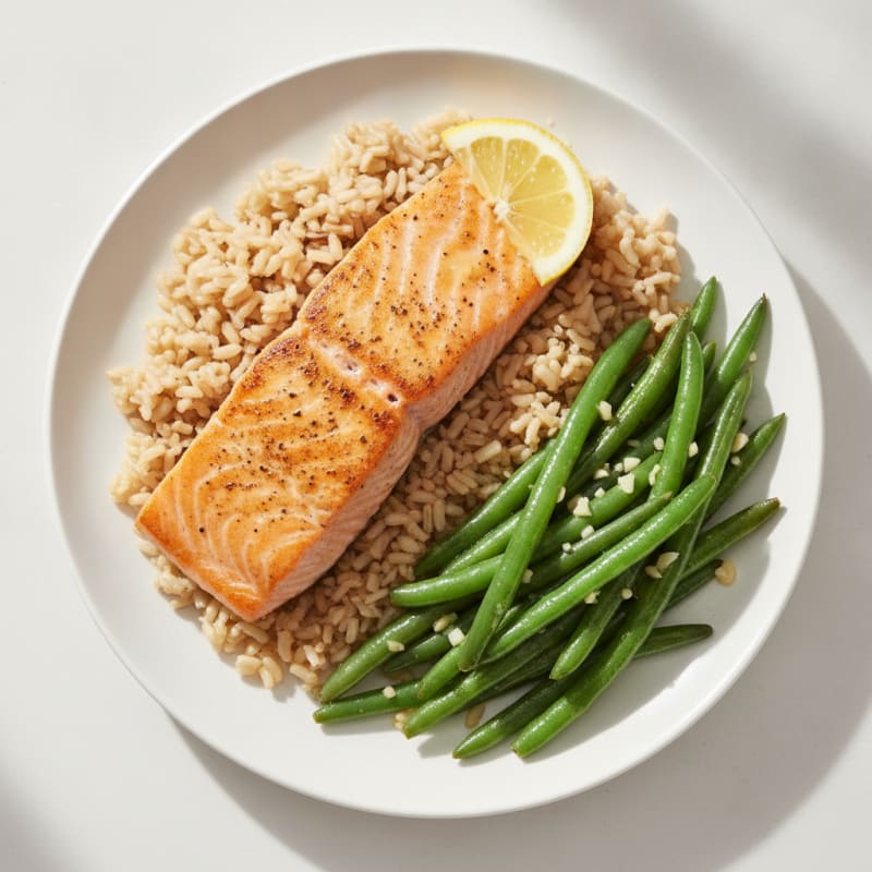 Seared Salmon with Garlic Green Beans and Brown Rice