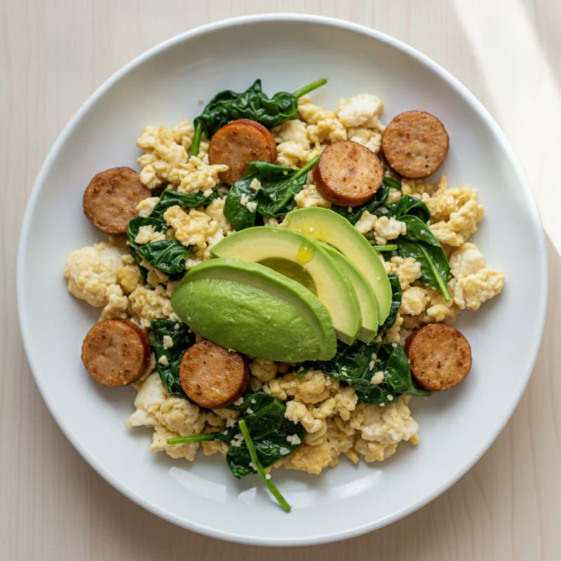 Egg White Scramble with Chicken Sausage and Sautéed Spinach