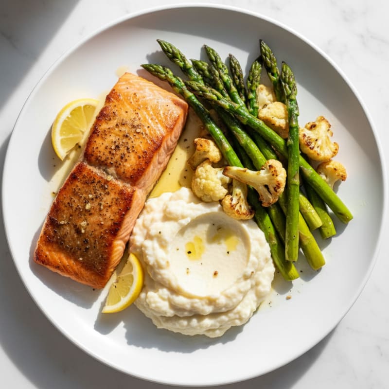 Seared Salmon Fillet with Roasted Asparagus and Cauliflower Mash