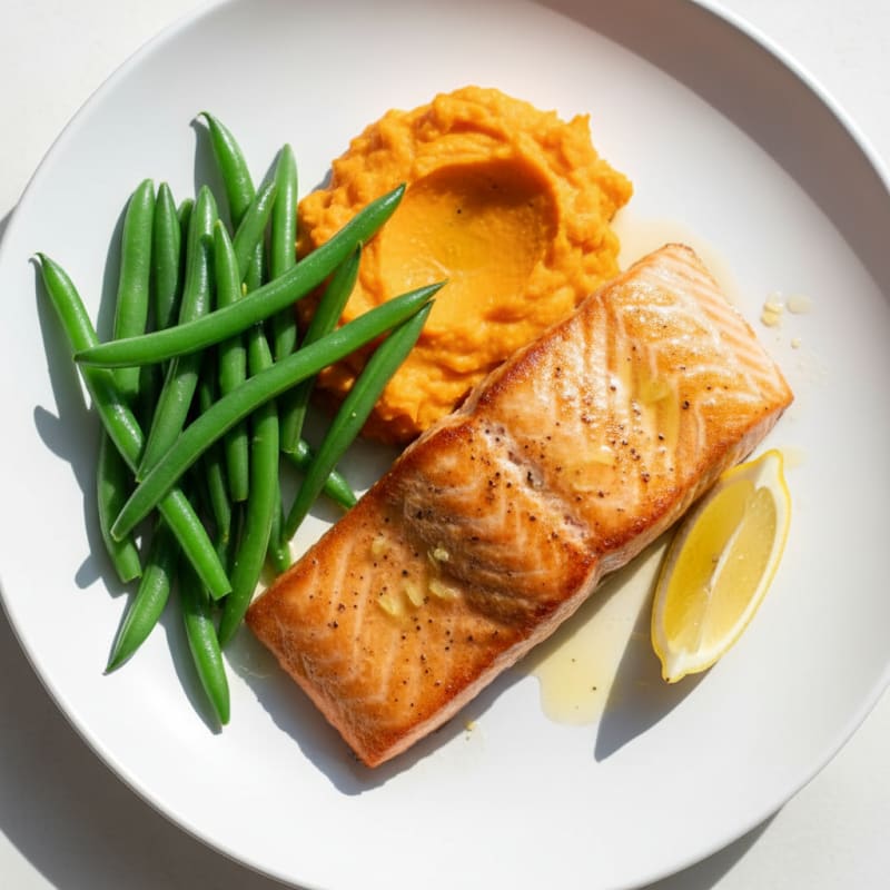 Seared Salmon with Steamed Green Beans and Mashed Sweet Potato