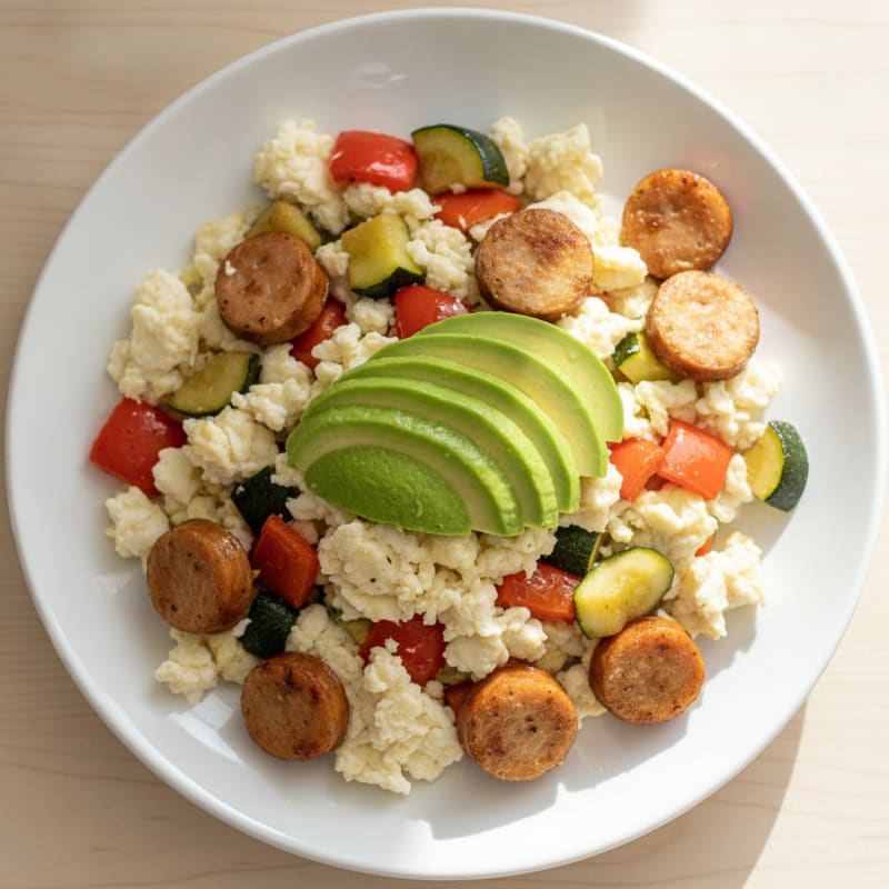 Egg White Scramble with Chicken Sausage and Roasted Vegetables