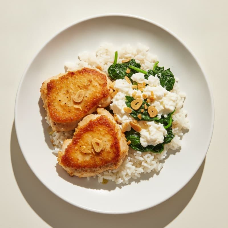 Crispy Chicken Thigh and Egg White Scramble with Spinach and Rice