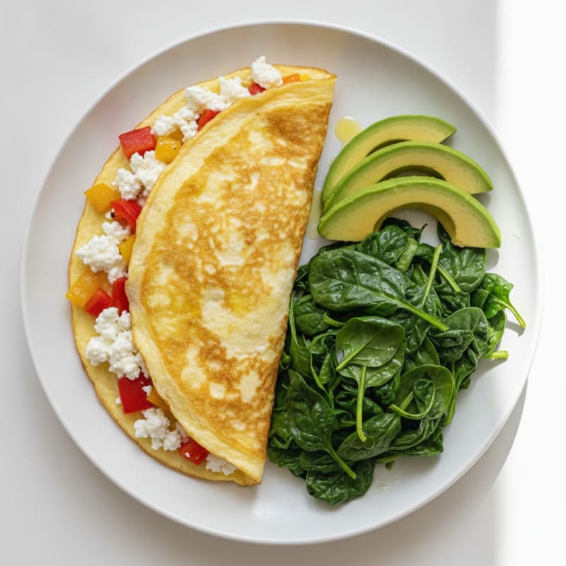 Egg White Veggie Omelette with Cottage Cheese and Sautéed Spinach
