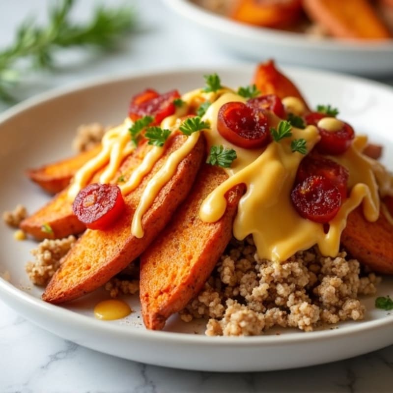 Crispy Roasted Sweet Potato Wedges with Ground Turkey, Creamy Cheddar Drizzle, and Crispy Bacon