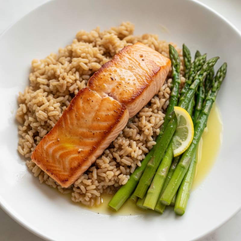 Seared Salmon with Steamed Asparagus and Brown Rice