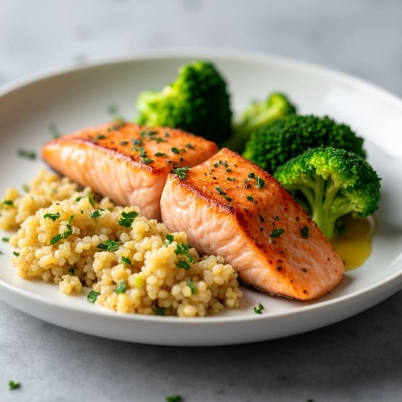 Seared Salmon with Steamed Broccoli and Quinoa