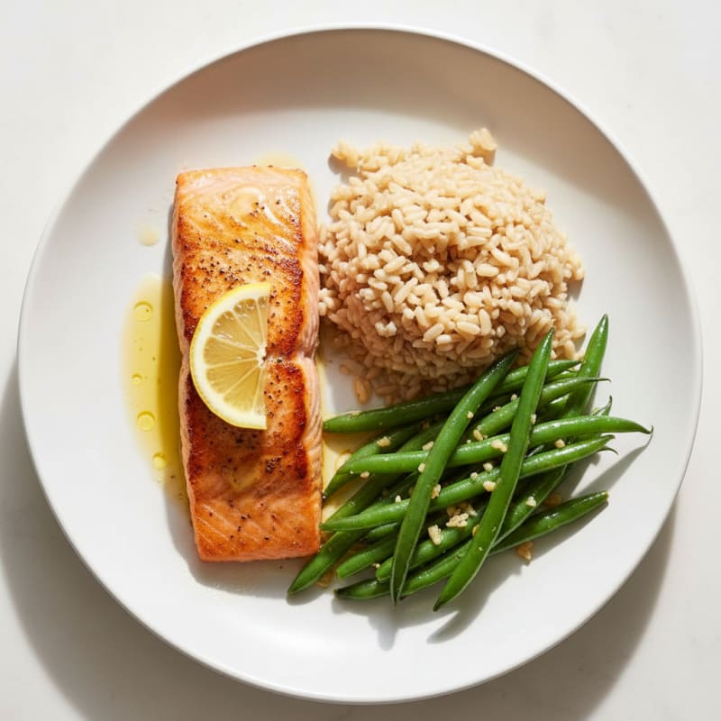 Seared Salmon Fillet with Garlic Green Beans and Brown Rice