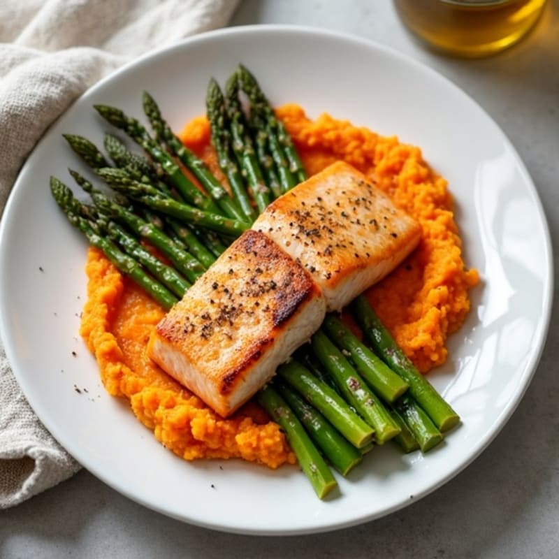 Pan-Seared Salmon with Roasted Asparagus and Sweet Potato Mash