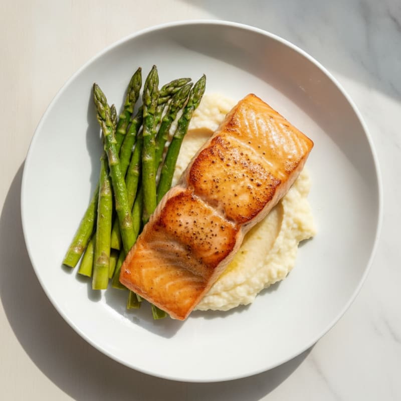 Seared Salmon with Roasted Asparagus and Cauliflower Mash