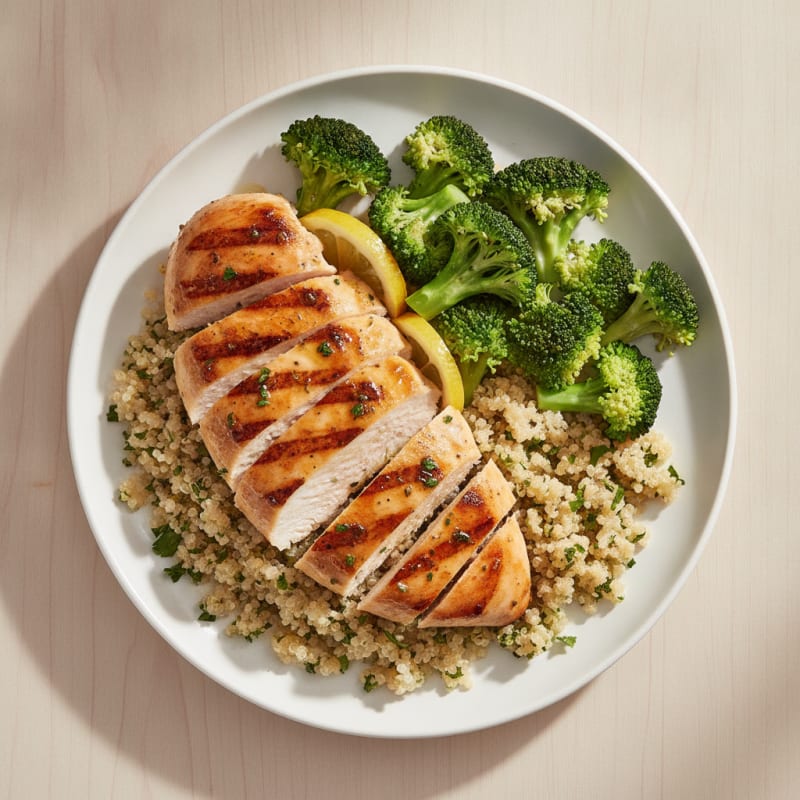 Grilled Chicken Breast with Steamed Broccoli and Quinoa