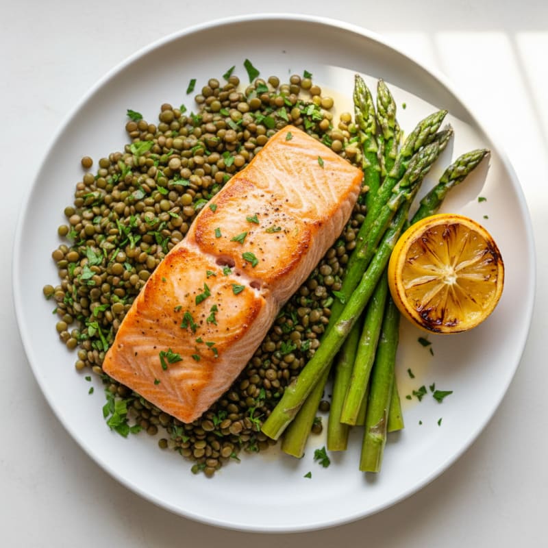 Seared Salmon Fillet with Roasted Asparagus and Lentil Salad