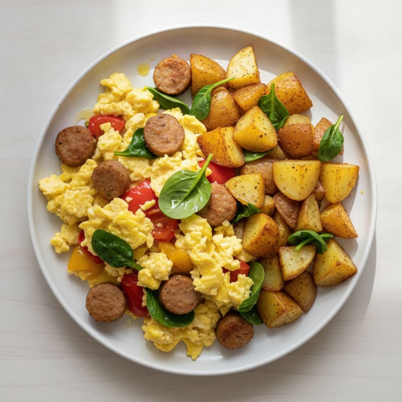 Scrambled Eggs with Chicken Sausage and Roasted Potatoes