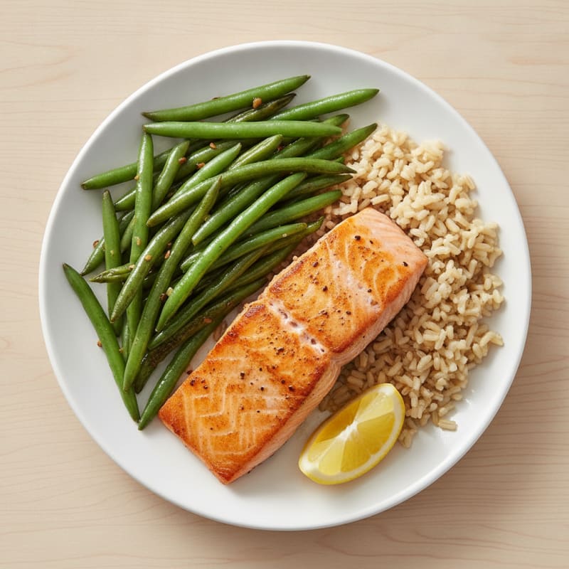 Seared Salmon with Garlic Green Beans and Brown Rice