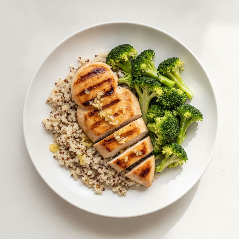 Grilled Lemon-Garlic Chicken Breast with Quinoa and Steamed Broccoli