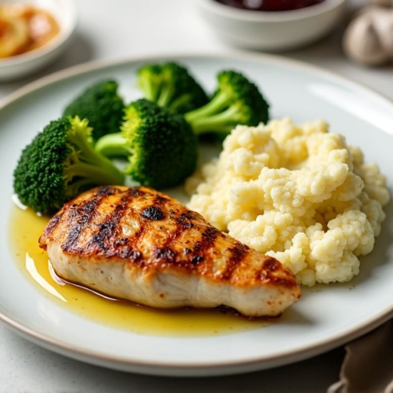 Seared Chicken Breast with Steamed Broccoli and Garlic Mashed Cauliflower