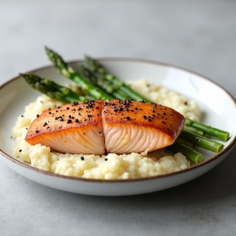 Seared Salmon Fillet with Steamed Asparagus and Cauliflower Mash