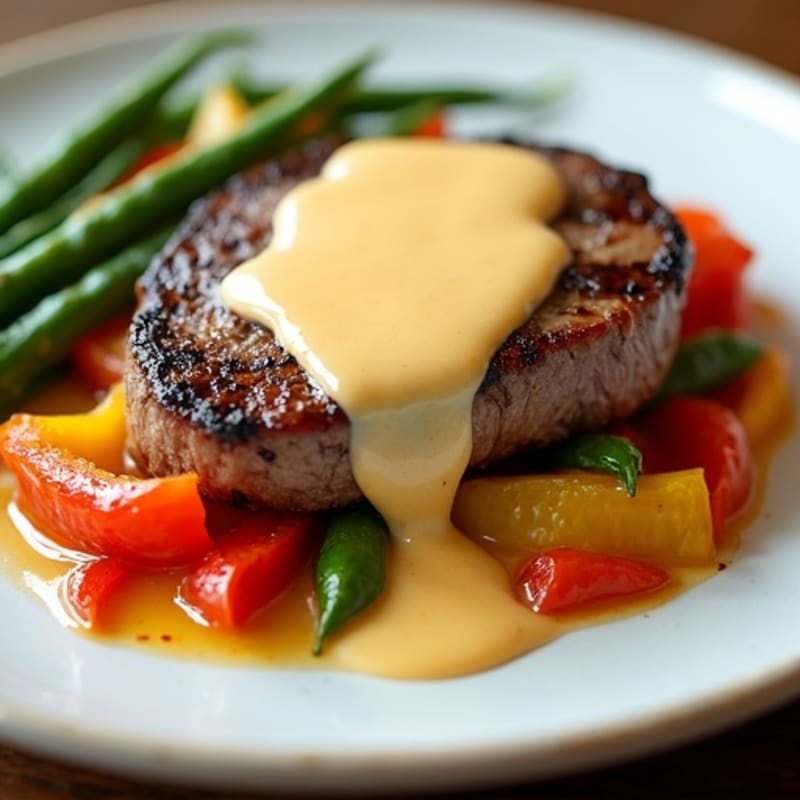 Seared Steak and Sautéed Peppers with Creamy Cheesy Sauce