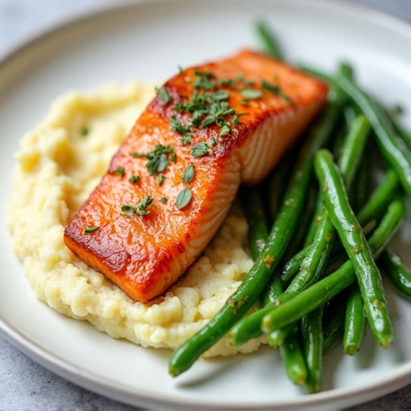 Seared Salmon with Steamed Green Beans and Garlic Cauliflower Mash