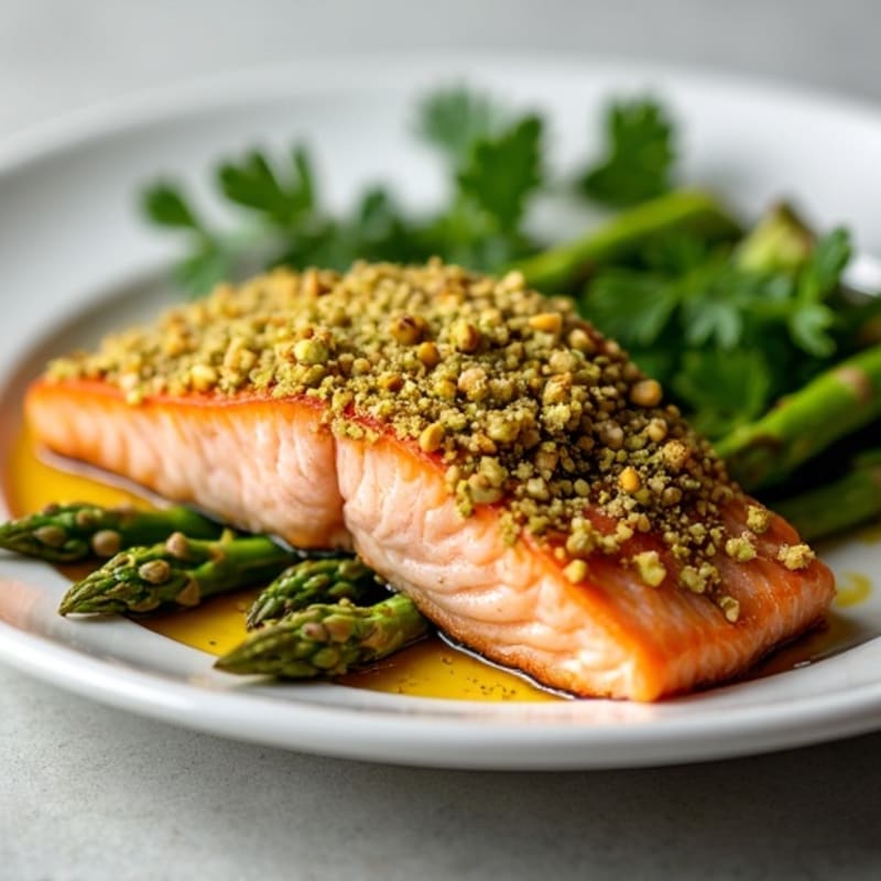 Crispy Pistachio Crusted Salmon with Lemon-Herb Roasted Asparagus