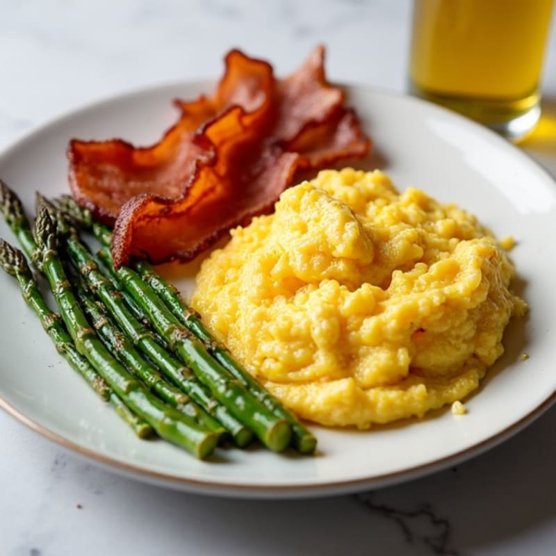 Crispy Lean Bacon and Fluffy Scrambled Eggs with Roasted Asparagus