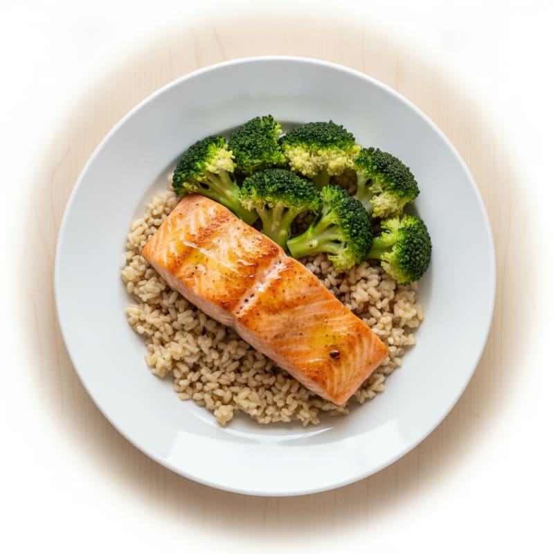 Seared Salmon with Steamed Broccoli and Brown Rice