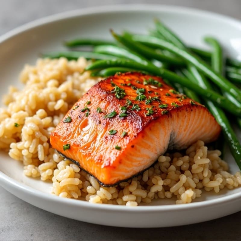 Seared Salmon with Garlic Green Beans and Brown Rice