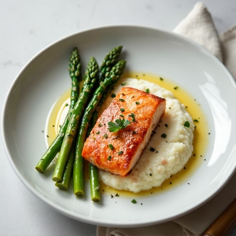 Seared Salmon Fillet with Steamed Asparagus and Cauliflower Mash