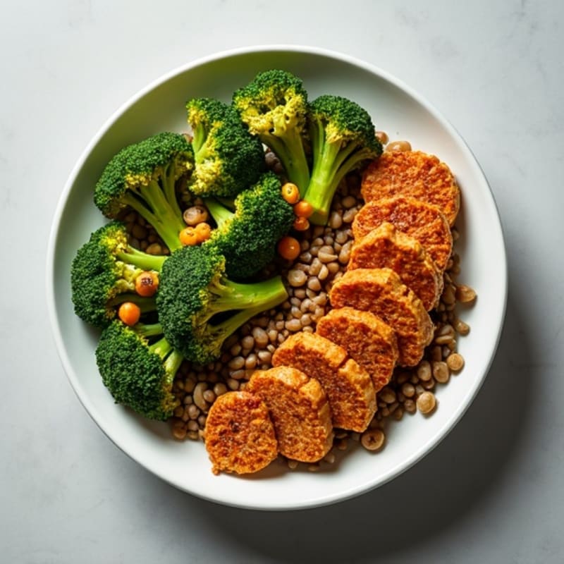 Crispy Tempeh and Lentil Power Bowl with Roasted Broccoli