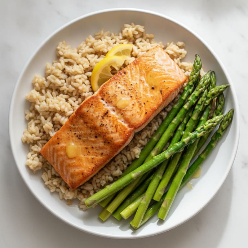 Seared Salmon with Steamed Asparagus and Brown Rice