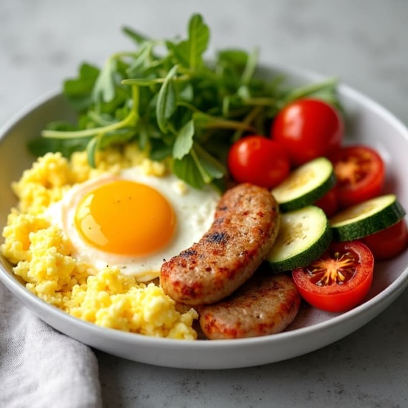 Scrambled Eggs with Roasted Vegetables and Chicken Sausage