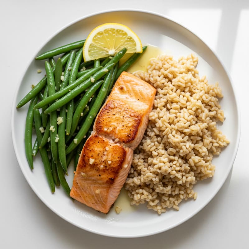 Seared Salmon with Garlic Green Beans and Brown Rice