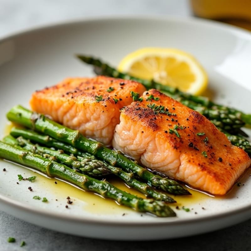 Crispy Pan-Seared Salmon with Roasted Asparagus and Lemon
